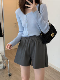 Loose Draped PU Leather Shorts_BDHL6771