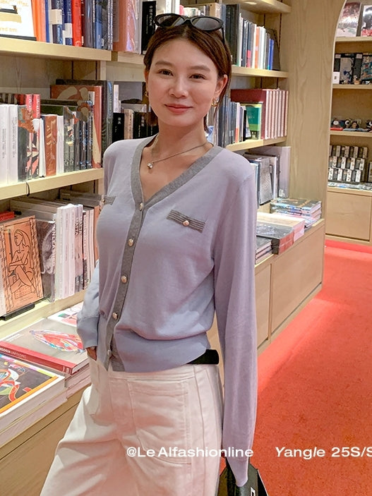 Contrast Color V-Neck Knit Cardigan_BDHL7617