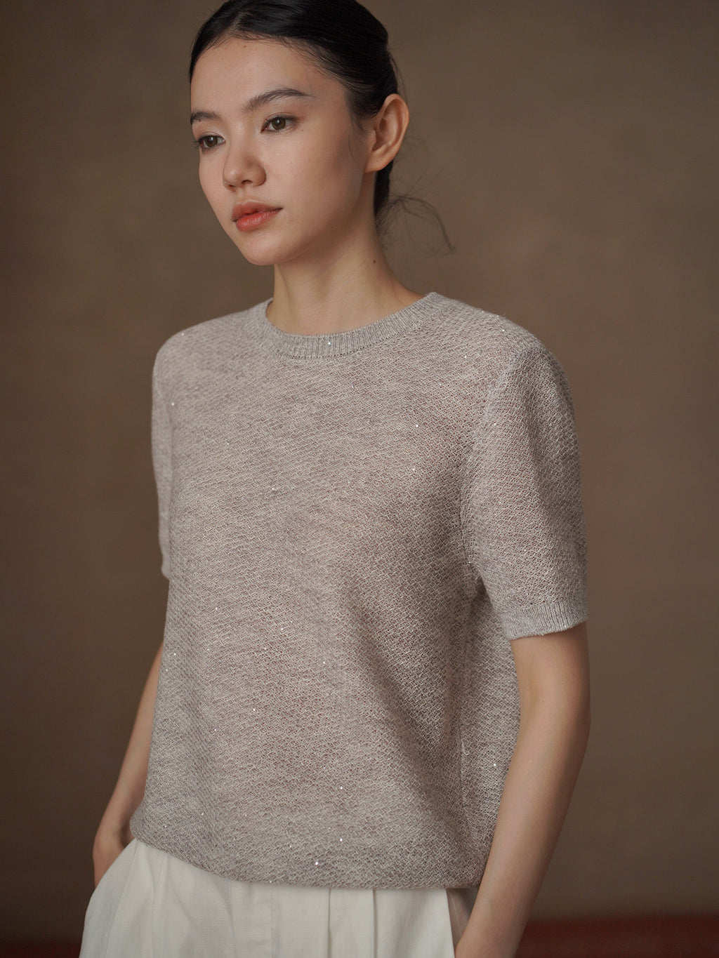 Sequin Knit Short Sleeve Top_BDHL8301