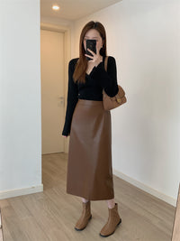 PU Leather Back Slit Skirt_BDHL6766