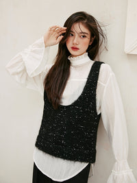 Glitter U-Neck Black Knitted Vest_BDHL6756