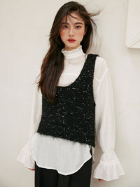 Glitter U-Neck Black Knitted Vest_BDHL6756