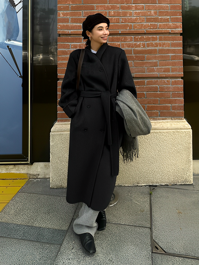 Collar Waist Tie Long Coat_BDHL6804