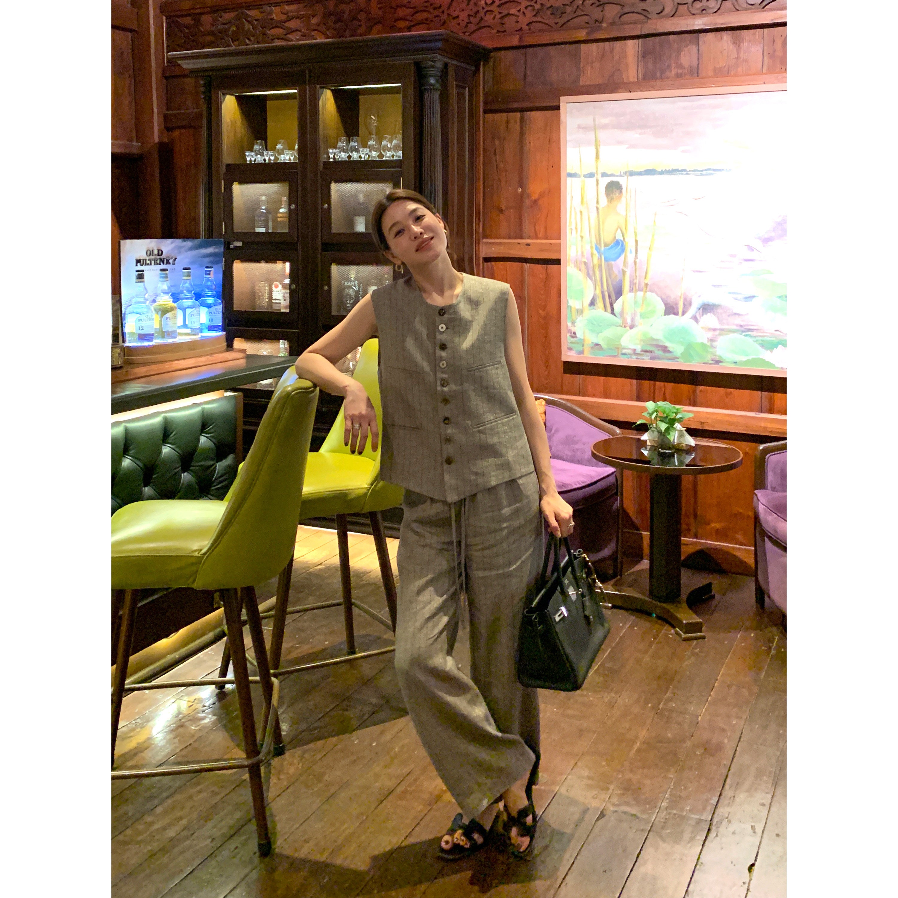 Linen Tencel Vest and Wide Leg Pants_BDHL8211