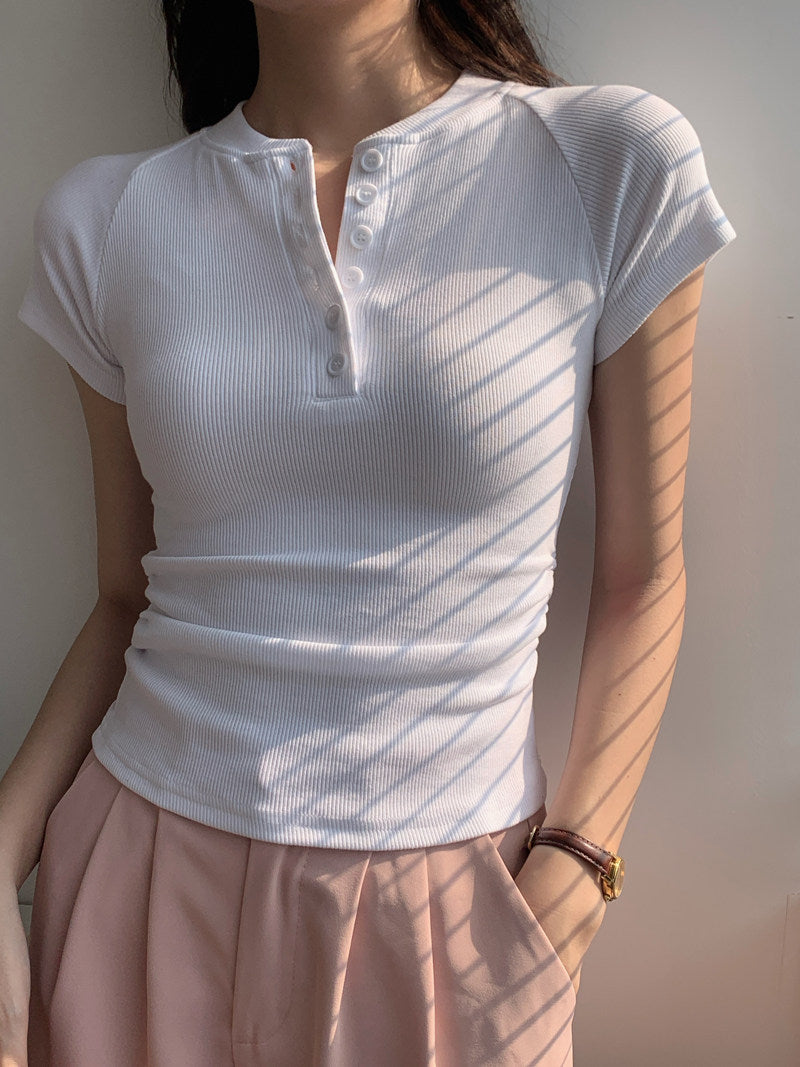 Ribbed Half-Placket Slim Tee_BDHL8364