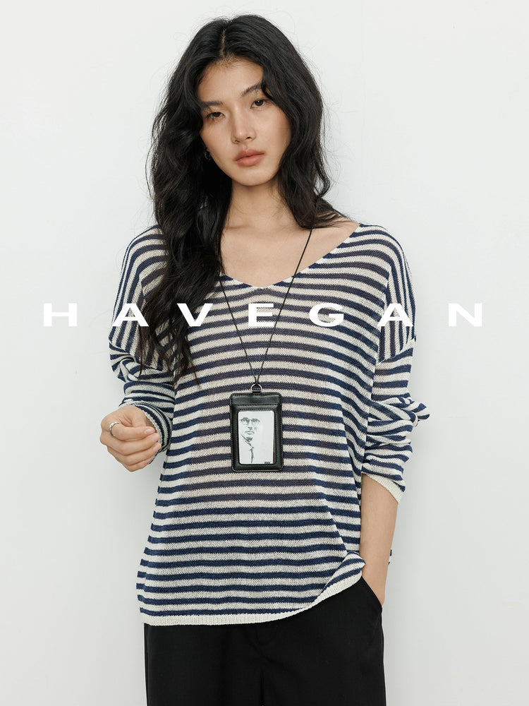 V-Neck Loose-Fitting Sheer Knit_BDHL7069