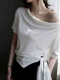 Swing Collar Side Lace Tencel Short Sleeve T-Shirt_BDHL7300