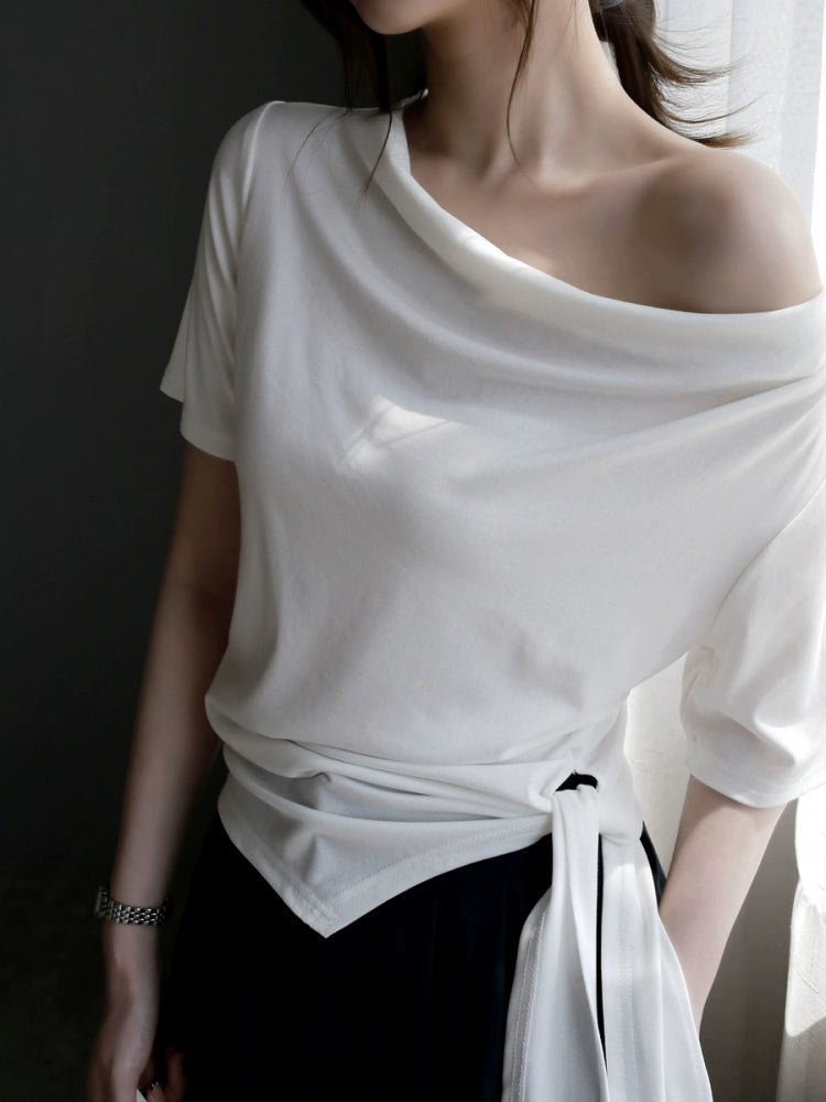 Swing Collar Side Lace Tencel Short Sleeve T-Shirt_BDHL7300