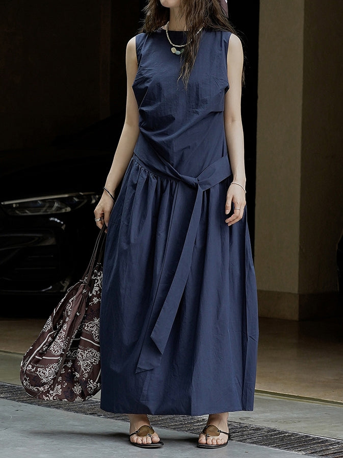 Pleated Strap Sleeveless Dress_BDHL7532