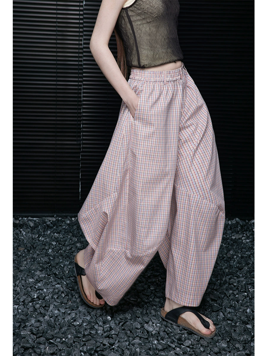 Pink Check Cotton Loose Wide-leg Slacks Pants_BDHL7638