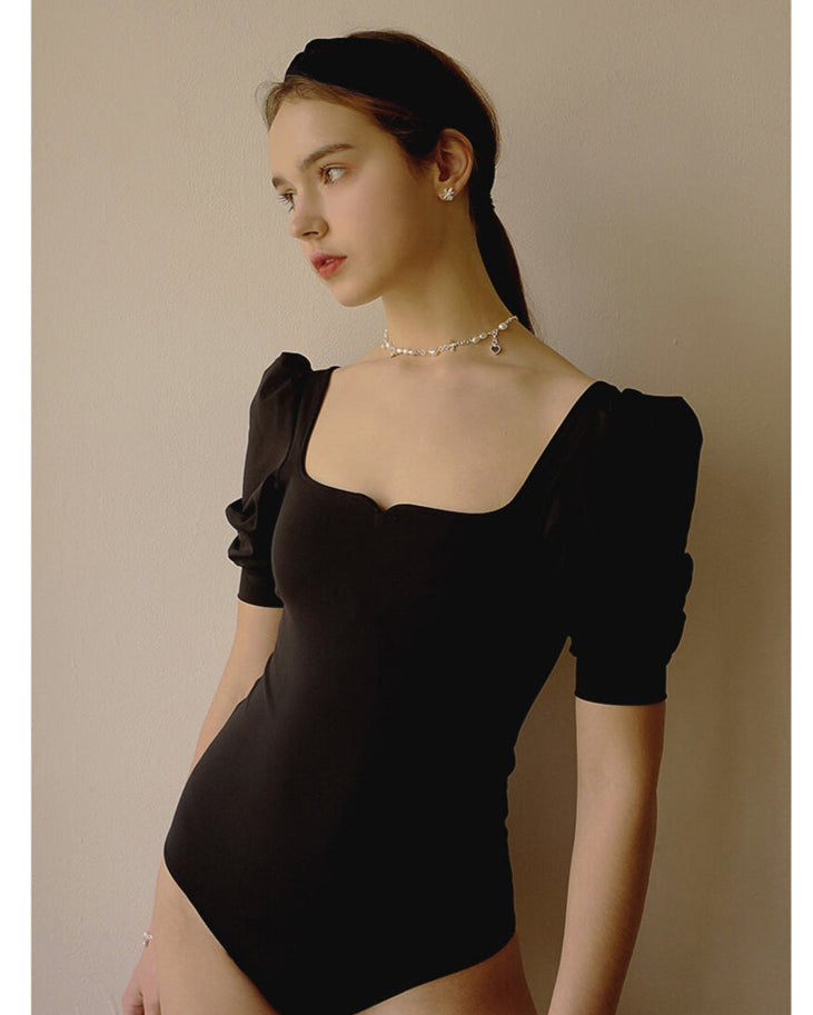 French Retro Puff Sleeve Backless Swimsuit_HL3236