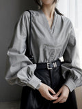V-Neck Lantern Sleeve Tops_BDHL7914