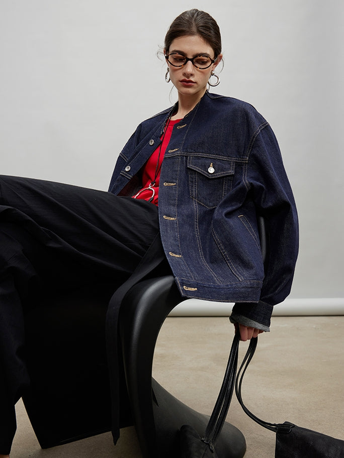 Retro Collarless Denim Jacket_BDHL7197