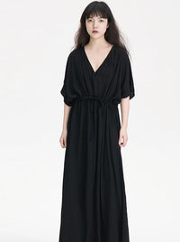 V-Neck Gathered Black Dress_BDHL6241