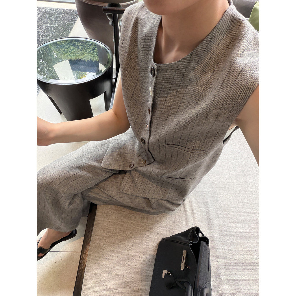 Linen Tencel Vest and Wide Leg Pants_BDHL8211