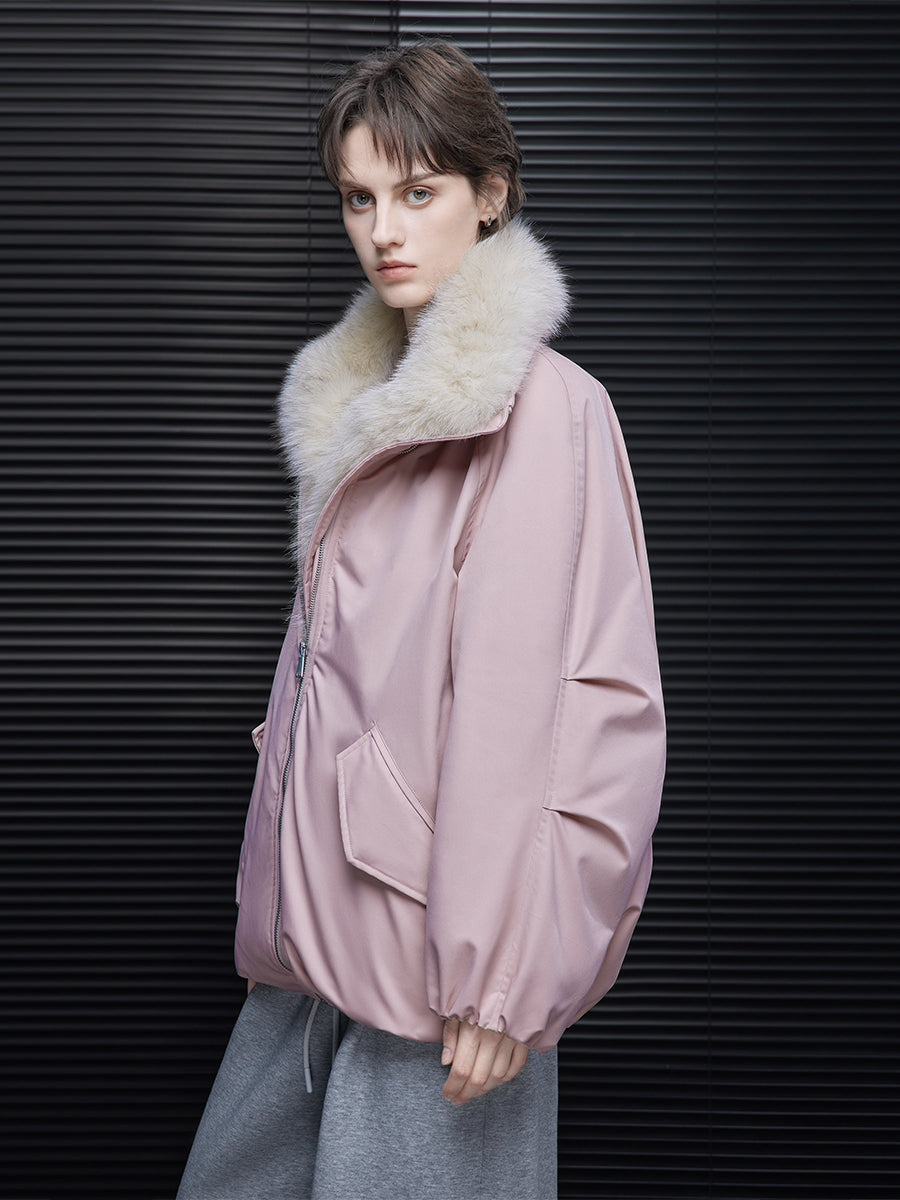 Faux Fur Collar Pink Down Jacket_BDHL7868