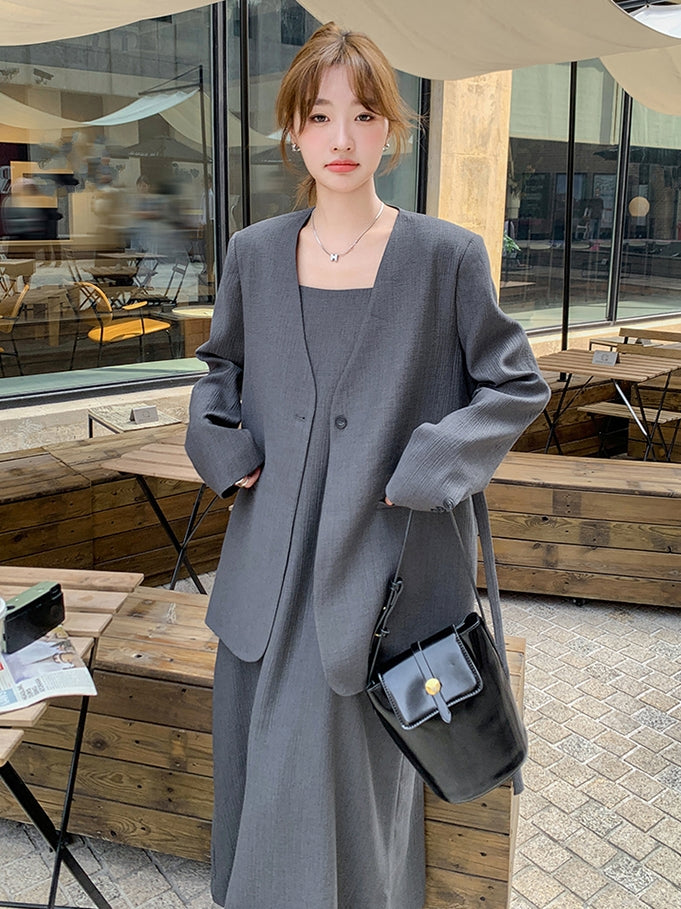 No Collar Jacket And Dress Suit Set_BDHL7562