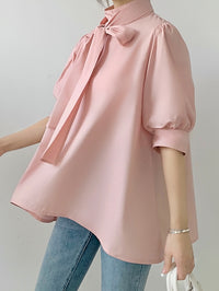 Lantern Sleeve Bow Tie Tops_BDHL7218