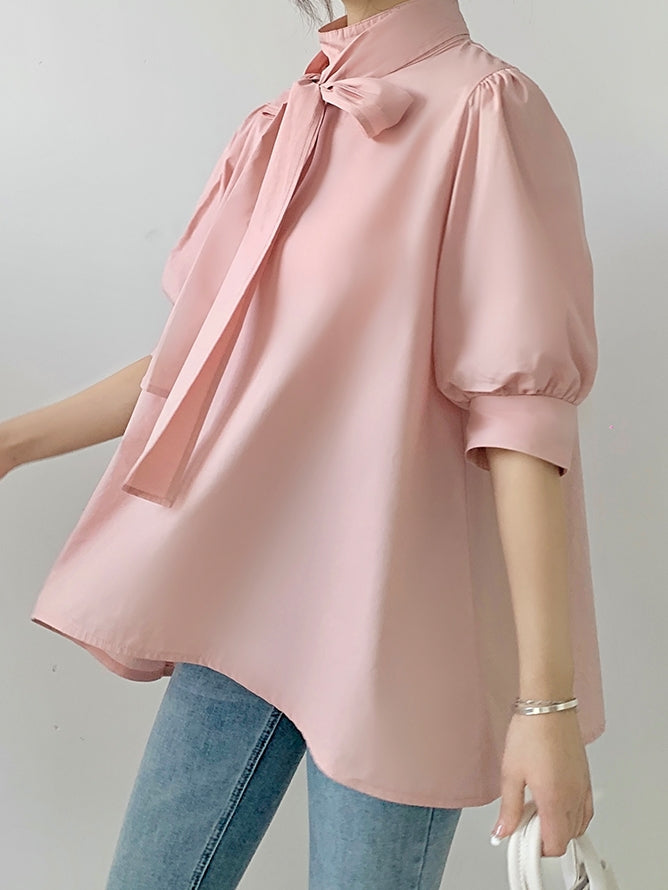 Lantern Sleeve Bow Tie Tops_BDHL7218