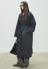 Collarless Loose Long Windbreaker_BDHL7088