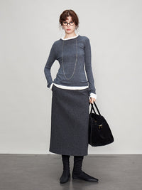 Gray Back Slit Tweed Skirt_BDHL6693