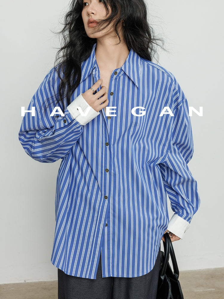 Contrast Cuff Striped Shirt_BDHL7068