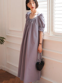 Pleated Loose Puff Sleeve Dress_BDHL6237