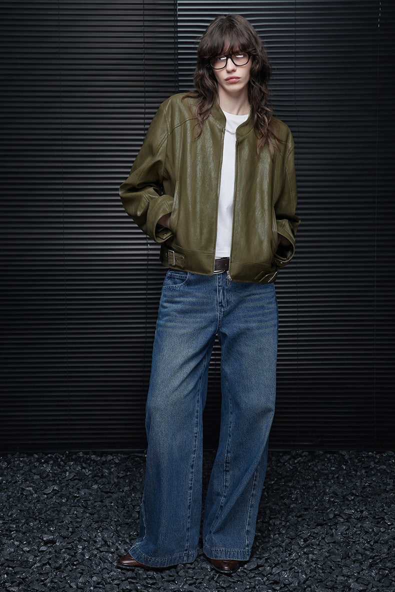 Green Short Leather Jacket_BDHL7798