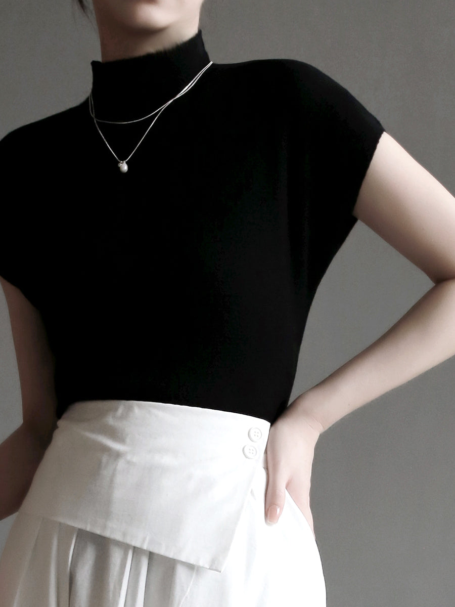 Half-High Collar Short-Sleeved Tops_BDHL7573