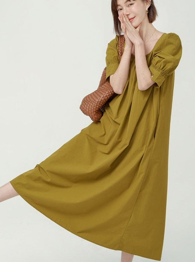 Pleated Loose Puff Sleeve Dress_BDHL6237