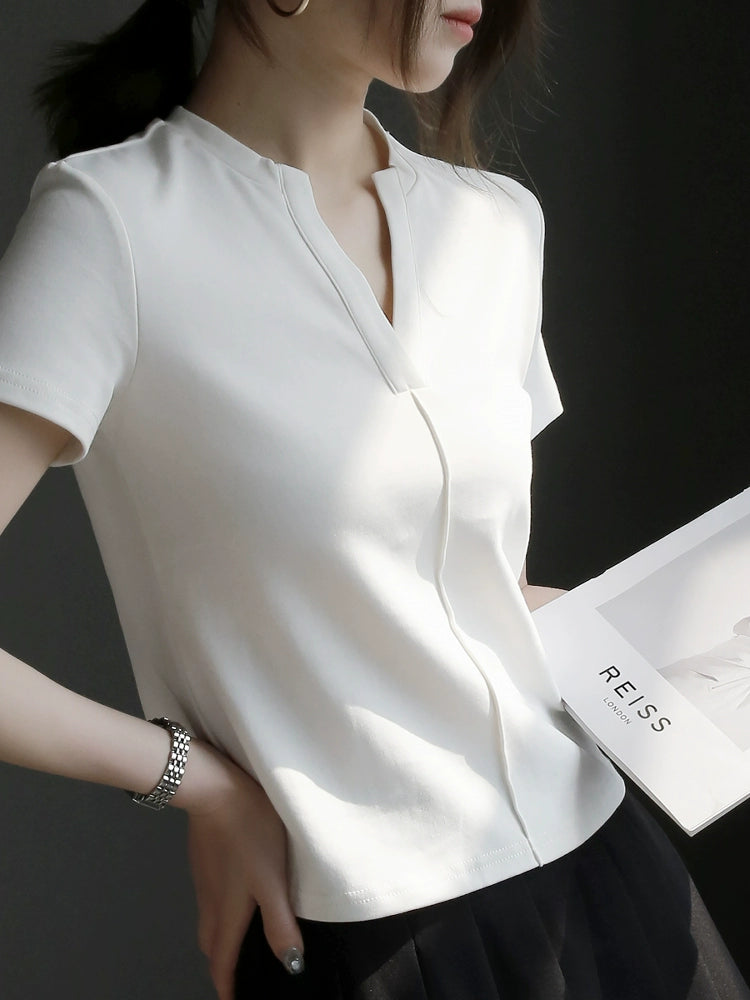 V-Neck Short Sleeve Cotton T-Shirt_BDHL7287