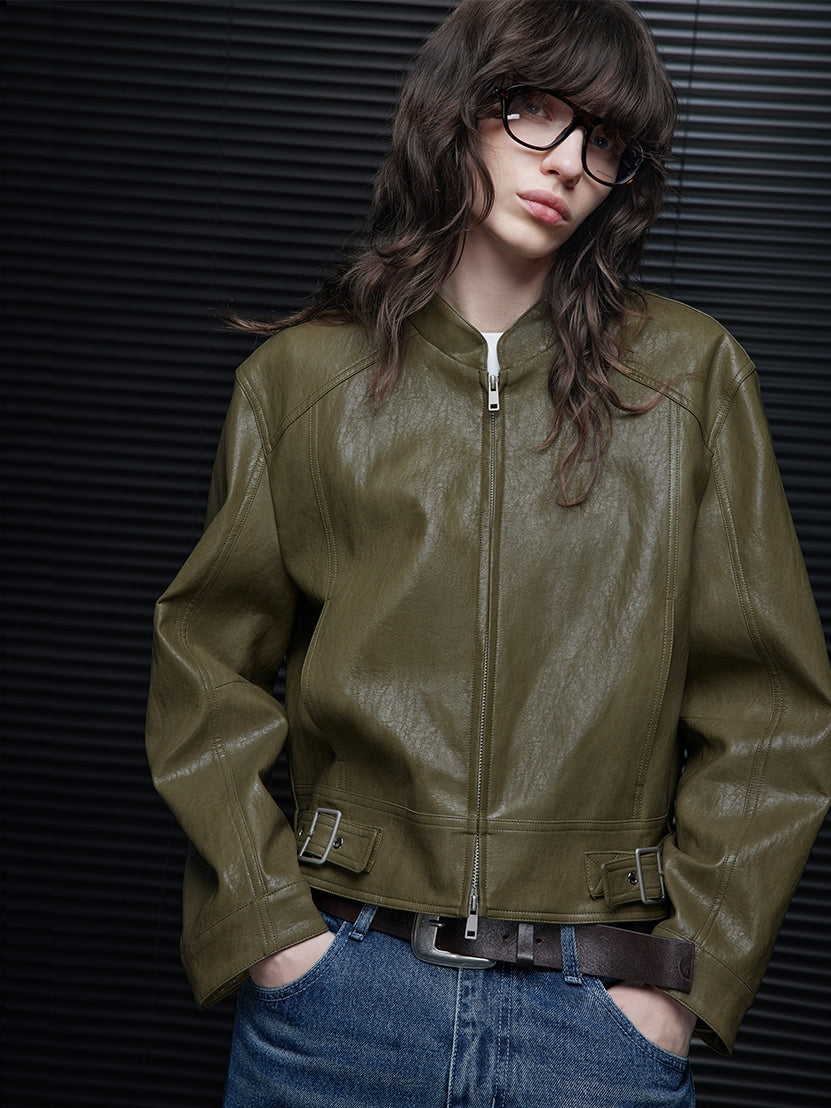 Green Short Leather Jacket_BDHL7798