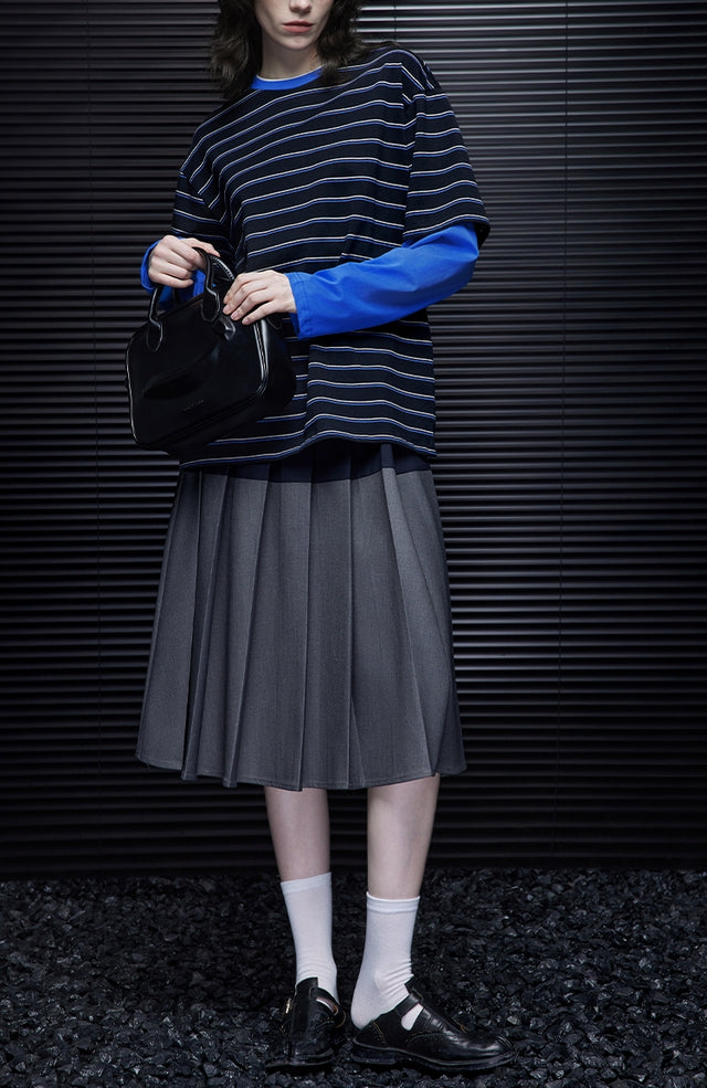 Grey Contrast Pleated Skirt_BDHL7043