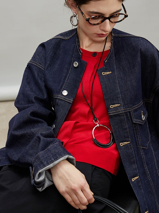 Retro Collarless Denim Jacket_BDHL7197