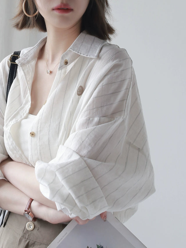 Striped Cotton-Linen Long Sleeve Sunscreen Shirt_BDHL7293