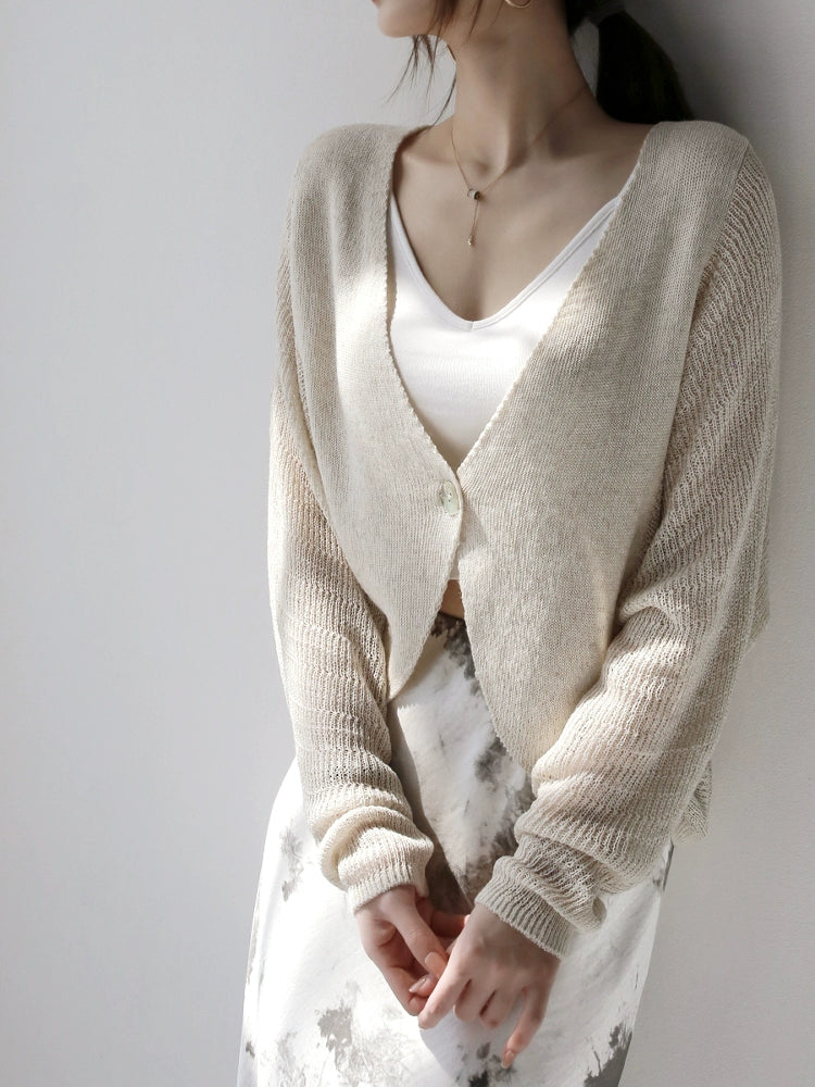 French V-Neck Linen-Blend Knit Cardigan_BDHL7291