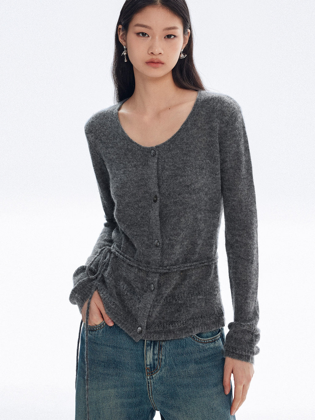 V-Neck Long-Sleeved Knit Cardigan_BDHL8148