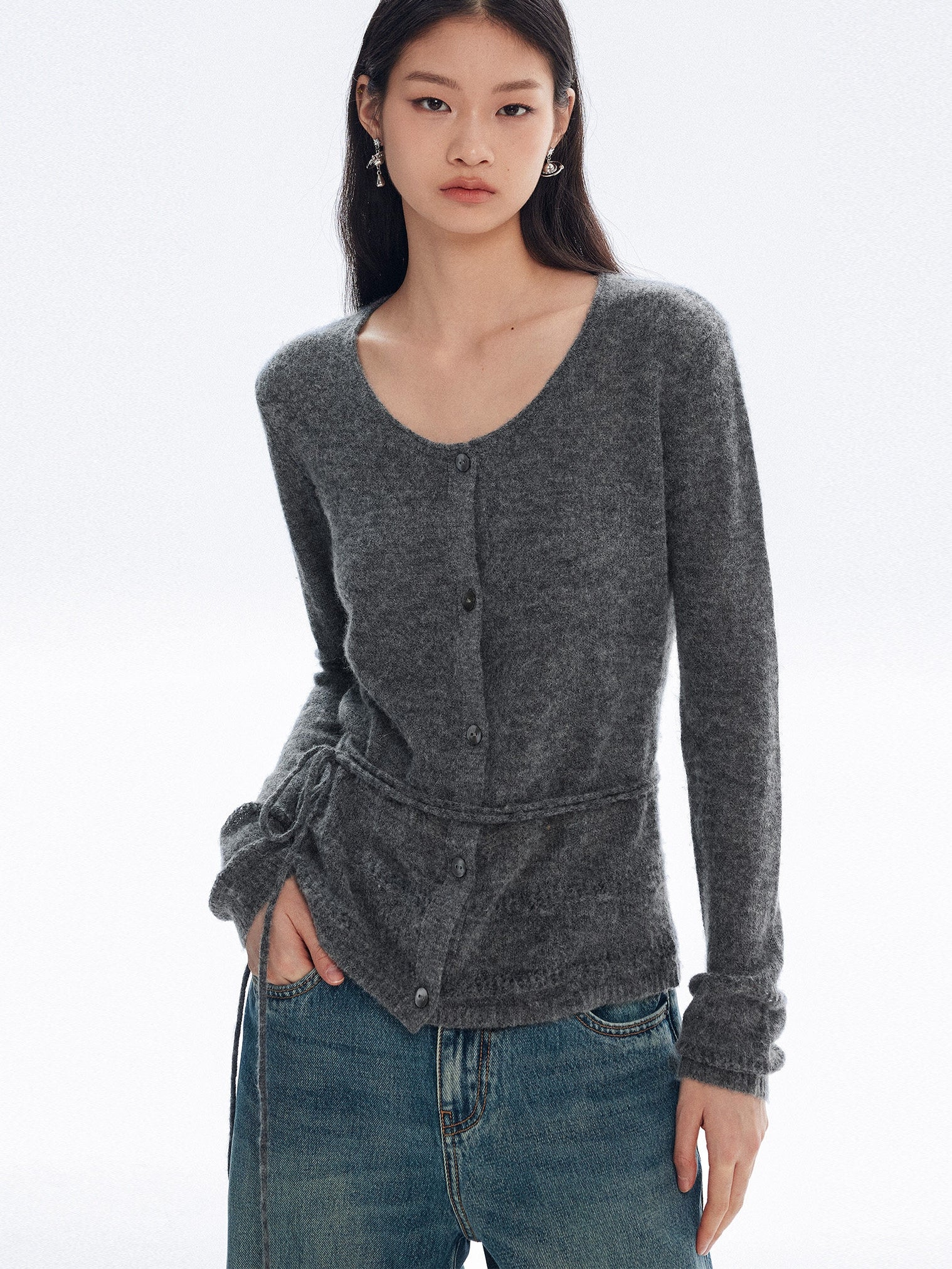 V-Neck Long-Sleeved Knit Cardigan_BDHL8148