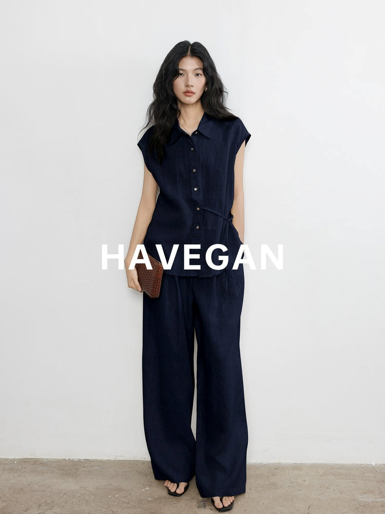 Waist-Strap Sleeveless Shirt And Casual Pants Set_BDHL7481