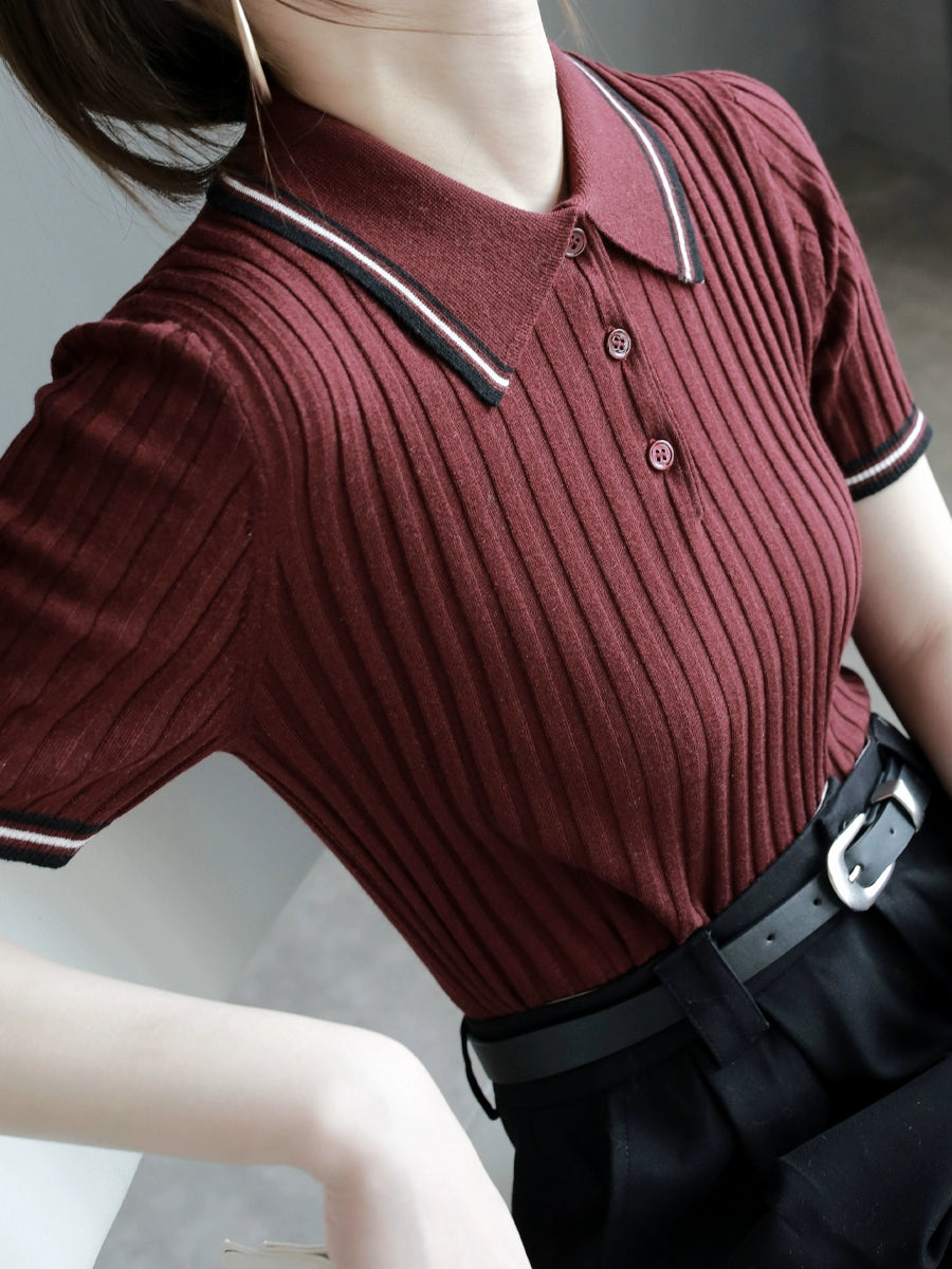 Small Lapel Contrast Knit Polo Top_BDHL7305