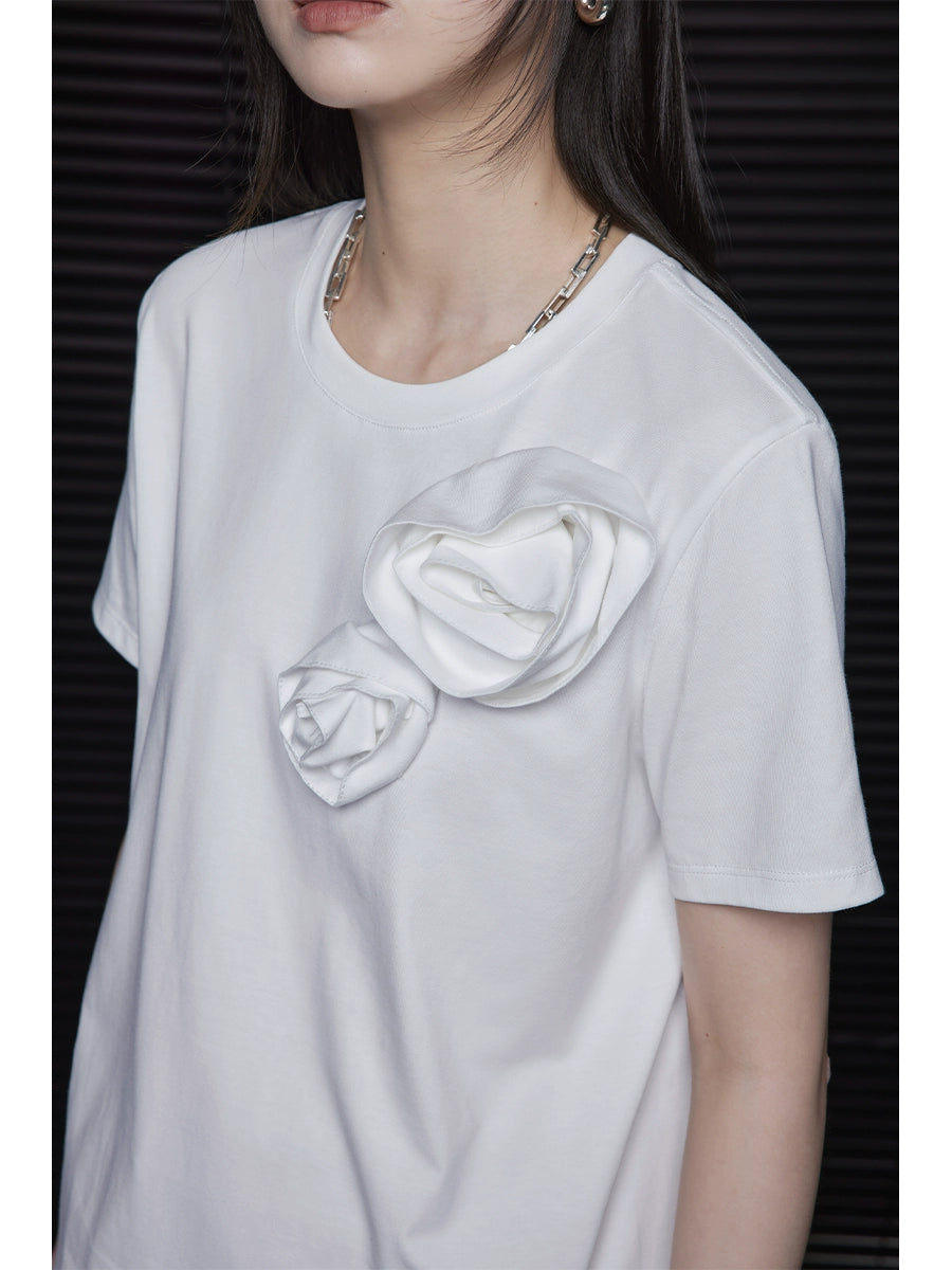 White Flower Motif Short-Sleeved T-Shirt_BDHL5834 