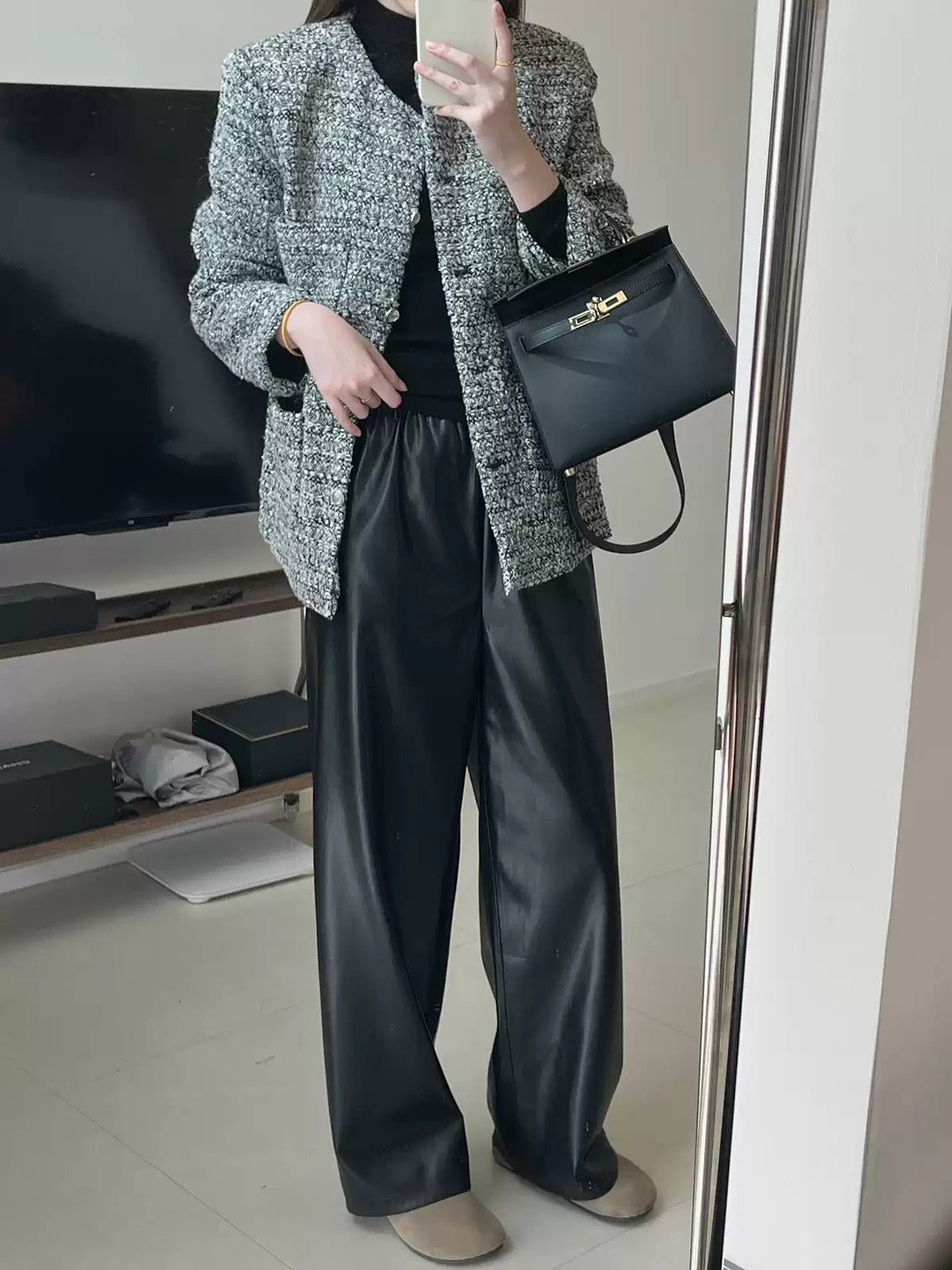 Black PU Leather Straight Pants_BDHL6764