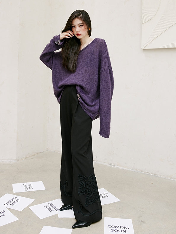 Black Embroidered Straight Pants_BDHL6743