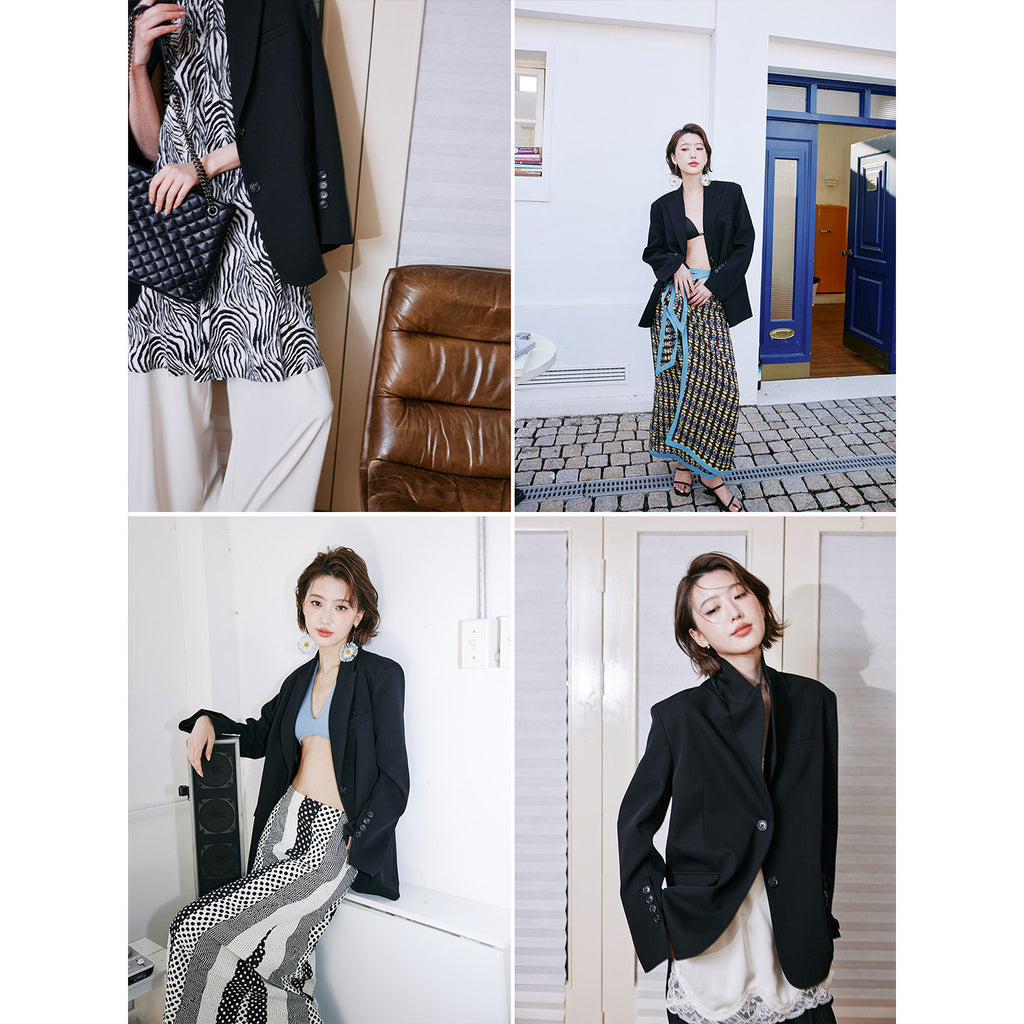 Back Knot Detail High-Slit Black Blazer_BDHL8237