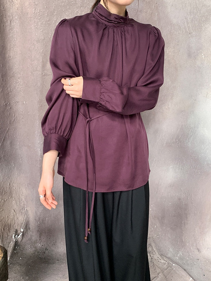 Stand Collar Tucked Blouse_BDHL6454