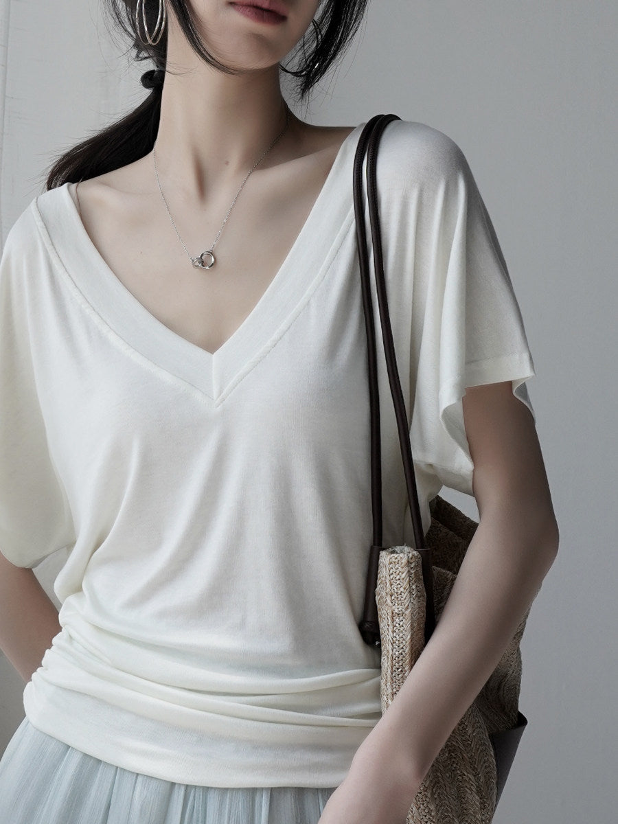 Draped Waist V-Neck Tee_BDHL8352