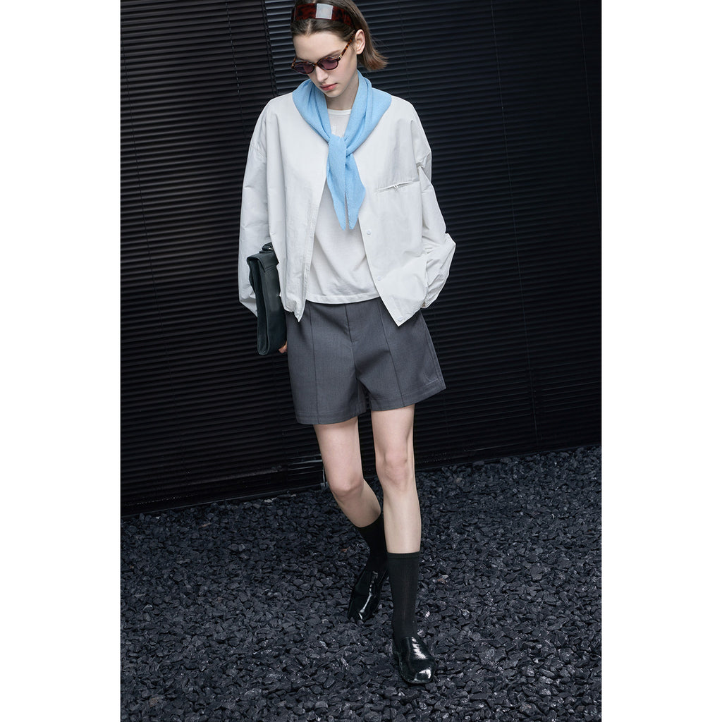 Cotton Round Neck Puff Sleeve Loose Shirt Jacket_BDHL8219