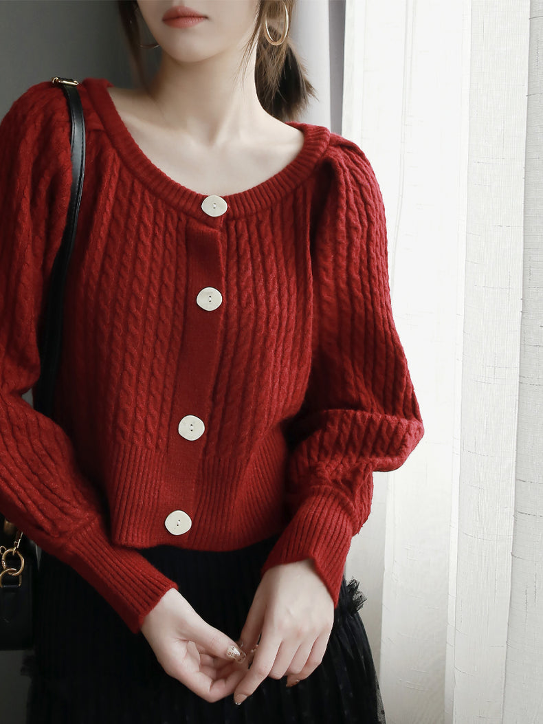 Lantern Sleeve Knitted Cardigan_BDHL6873