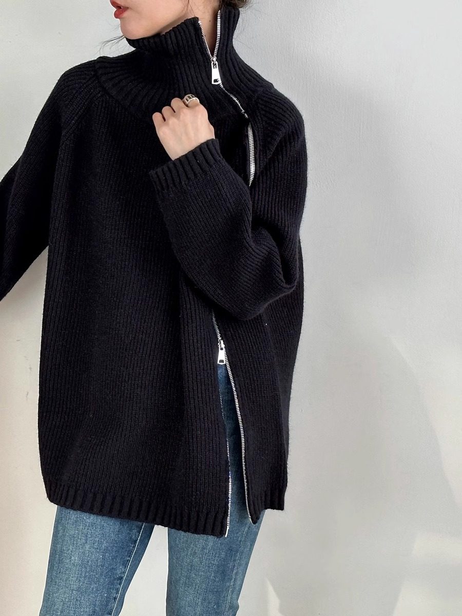 Zipper Turtleneck Loose Knit Tops_BDHL8036