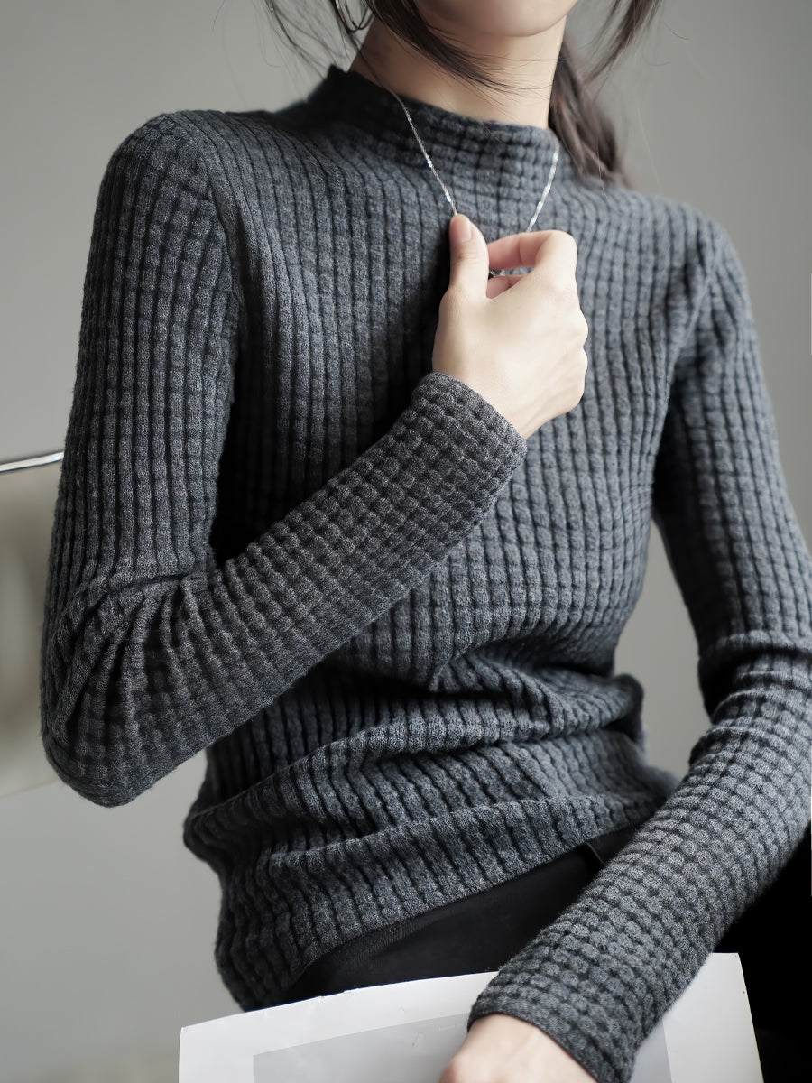 Turtleneck Or High-Neck Waffle Knit Tops_BDHL7930